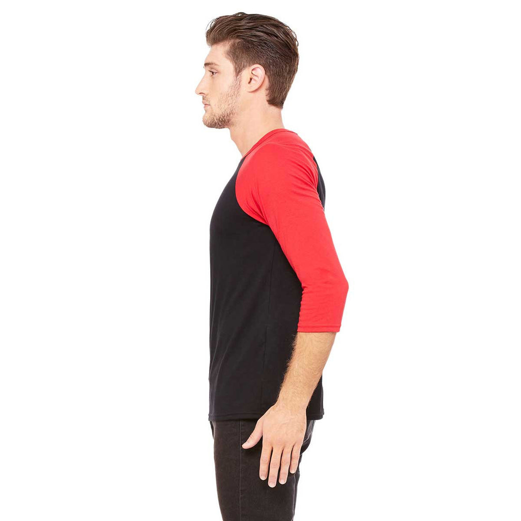 Bella + Canvas Unisex Black/Red 3/4 Sleeve Baseball T-Shirt