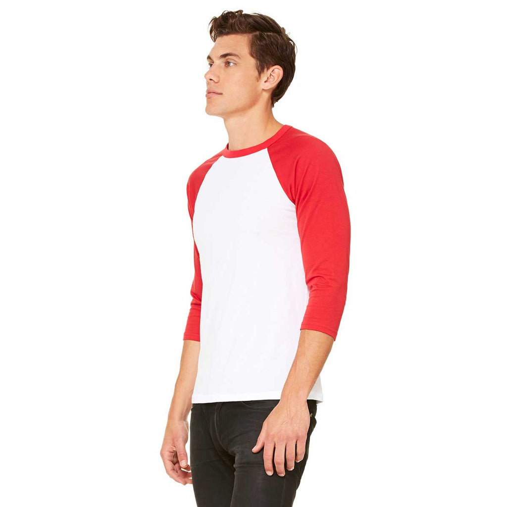 Bella + Canvas Unisex White/Red 3/4 Sleeve Baseball T-Shirt