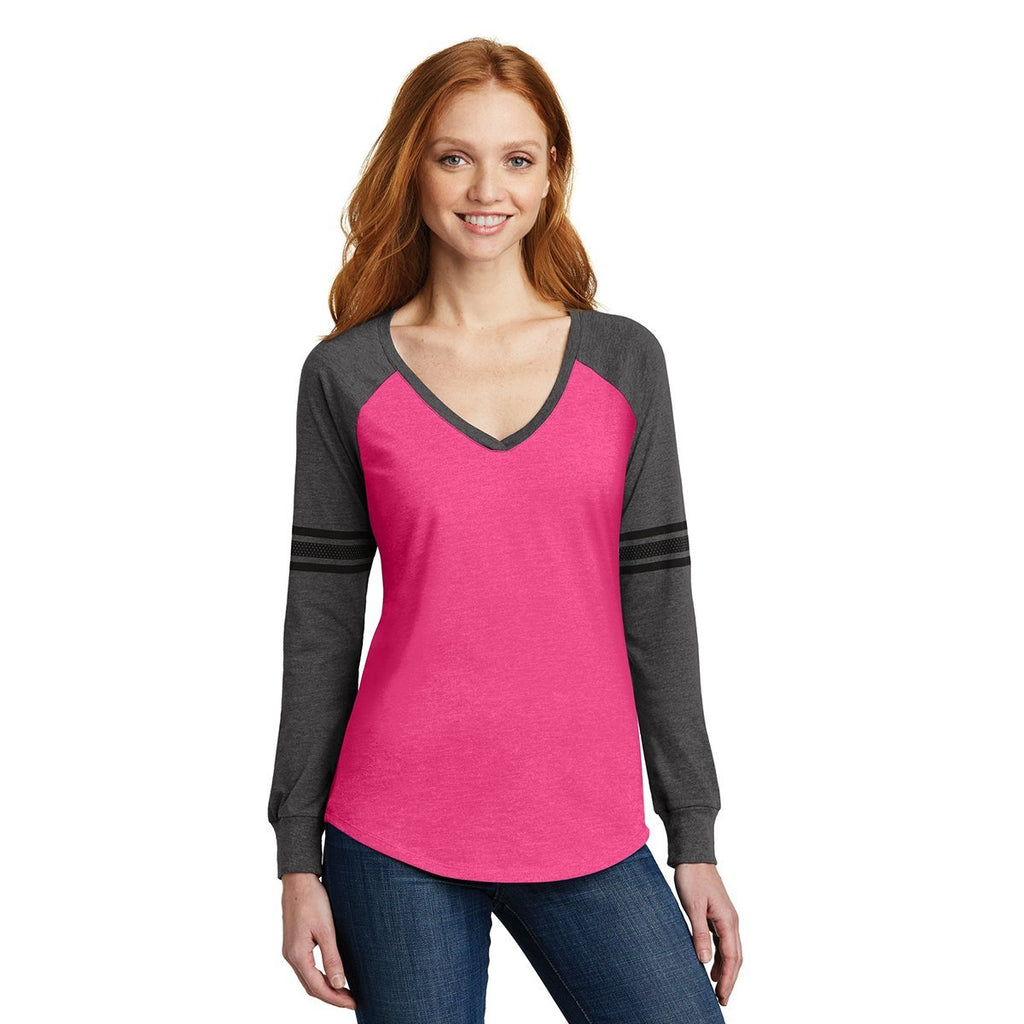 District Made Women's Heathered Dark Fuchsia/Heathered Charcoal/Black Game Long Sleeve V-Neck Tee