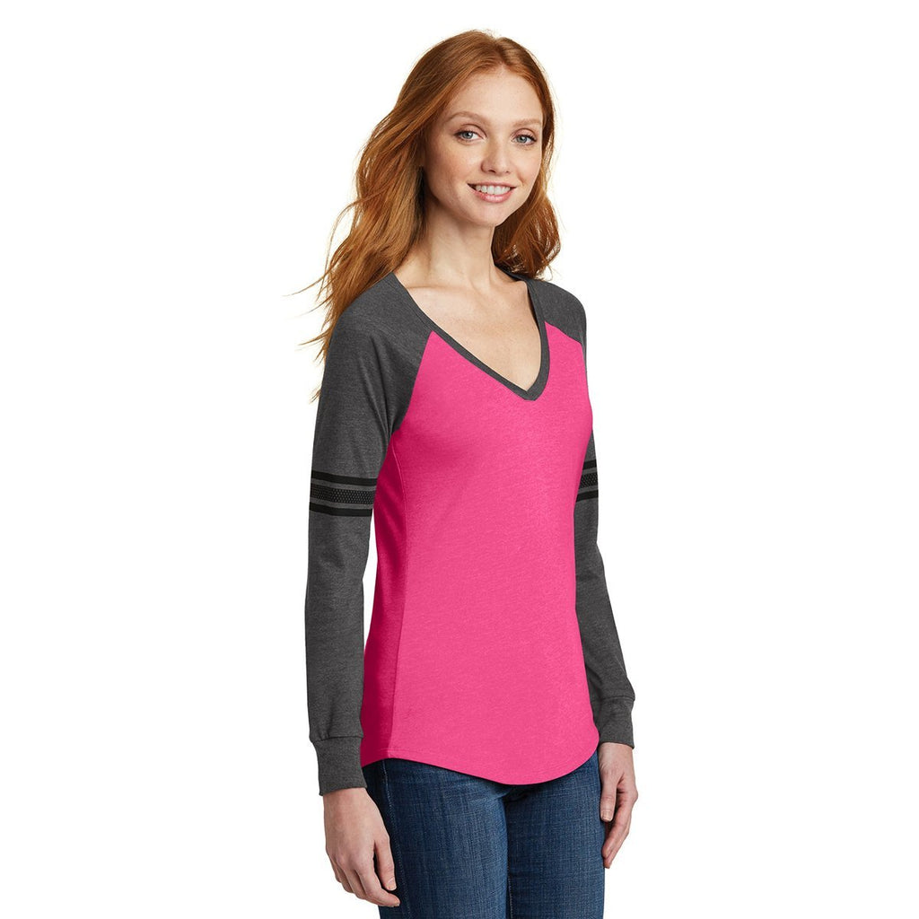 District Made Women's Heathered Dark Fuchsia/Heathered Charcoal/Black Game Long Sleeve V-Neck Tee