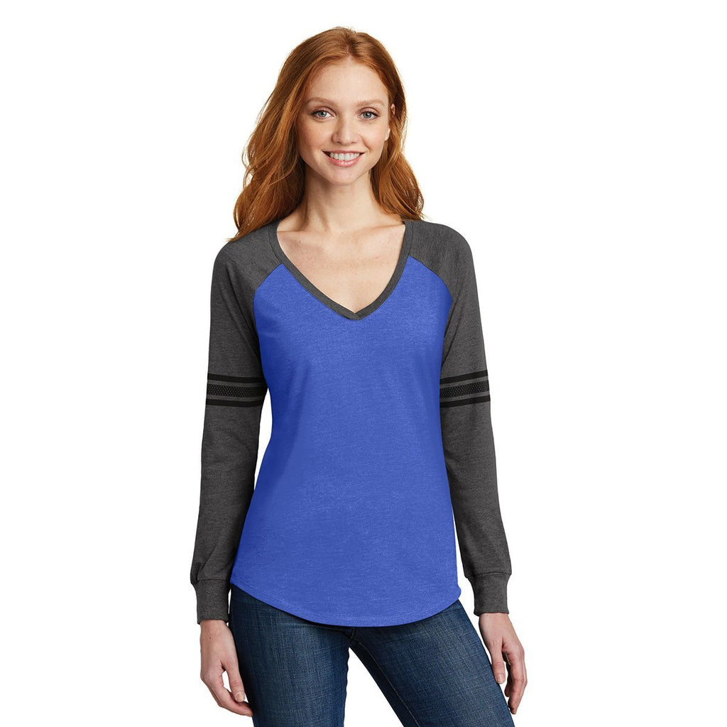 District Made Women's Heathered True Royal/Heathered Charcoal/Black Game Long Sleeve V-Neck Tee