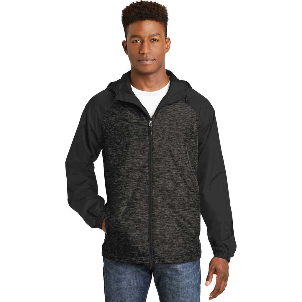 Sport-Tek Men's Black Heather/Black Colorblock Raglan Hooded Wind Jacket