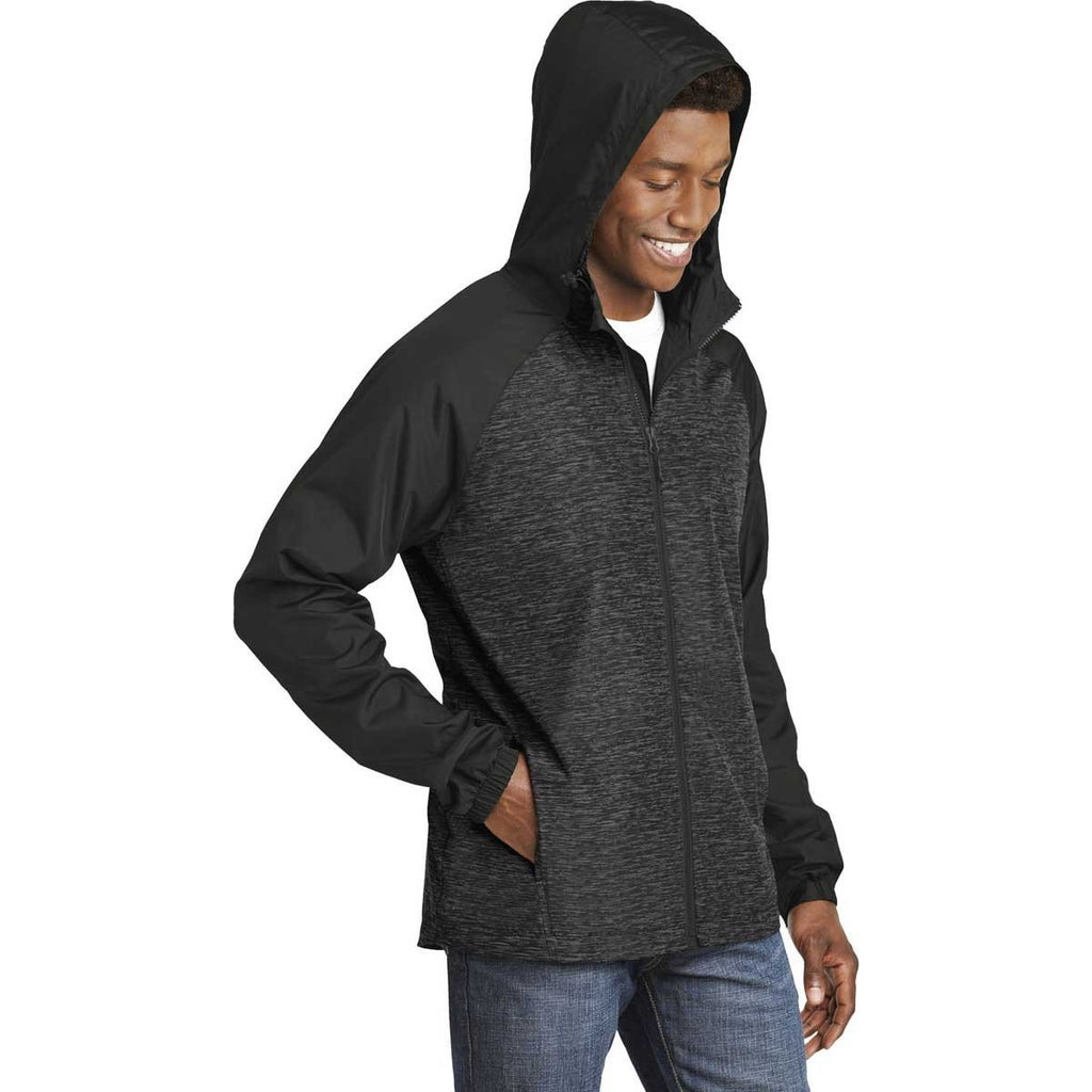 Sport-Tek Men's Black Heather/Black Colorblock Raglan Hooded Wind Jacket