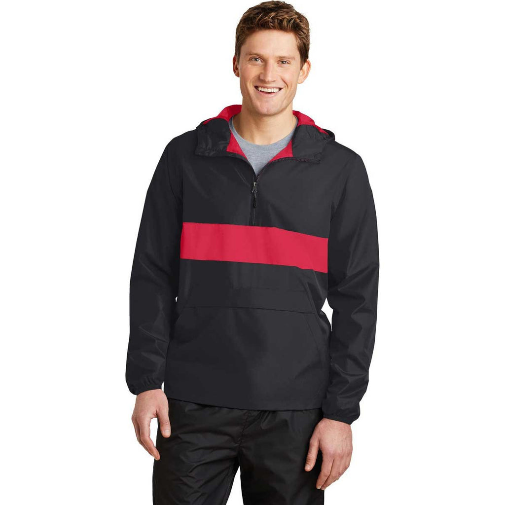 Sport-Tek Men's Black/True Red Zipped Pocket Anorak