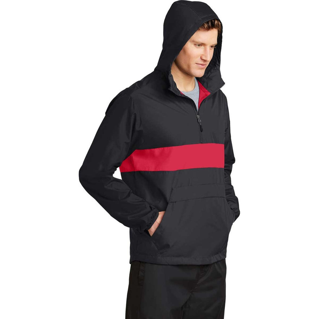 Sport-Tek Men's Black/True Red Zipped Pocket Anorak