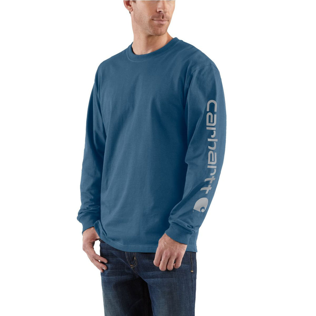 Carhartt Men's Stream Blue Signature Sleeve Logo Long Sleeve T-Shirt
