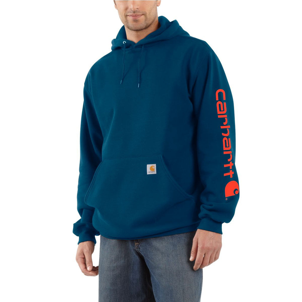 Carhartt Men's Superior Blue Midweight Signature Sleeve Logo Hooded Sweatshirt