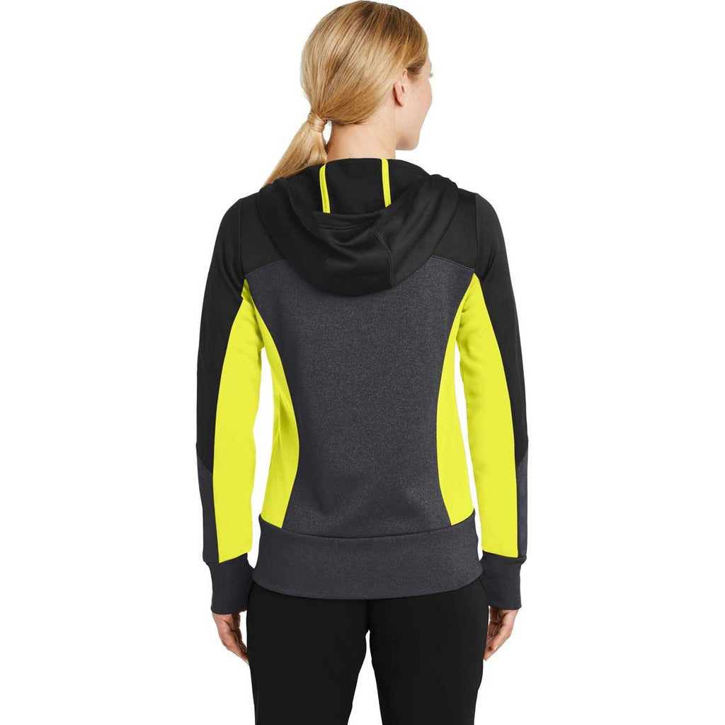 Sport-Tek Women's Black/Graphite Heather/Citron Tech Fleece Colorblock Full-Zip Hooded Jacket