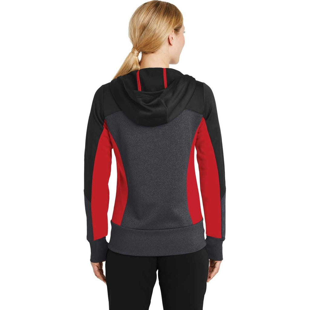 Sport-Tek Women's Black/Graphite Heather/True Red Tech Fleece Colorblock Full-Zip Hooded Jacket