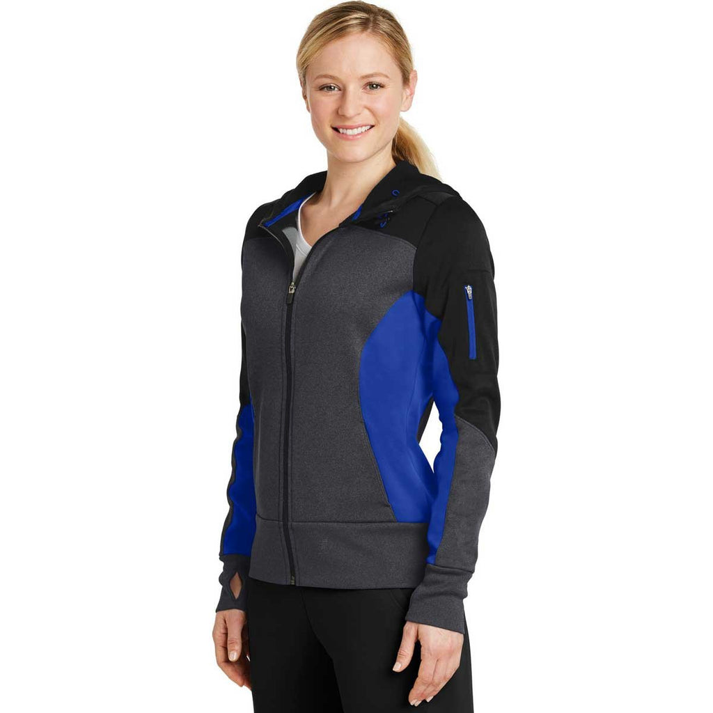 Sport-Tek Women's Black/Graphite Heather/True Royal Tech Fleece Colorblock Full-Zip Hooded Jacket
