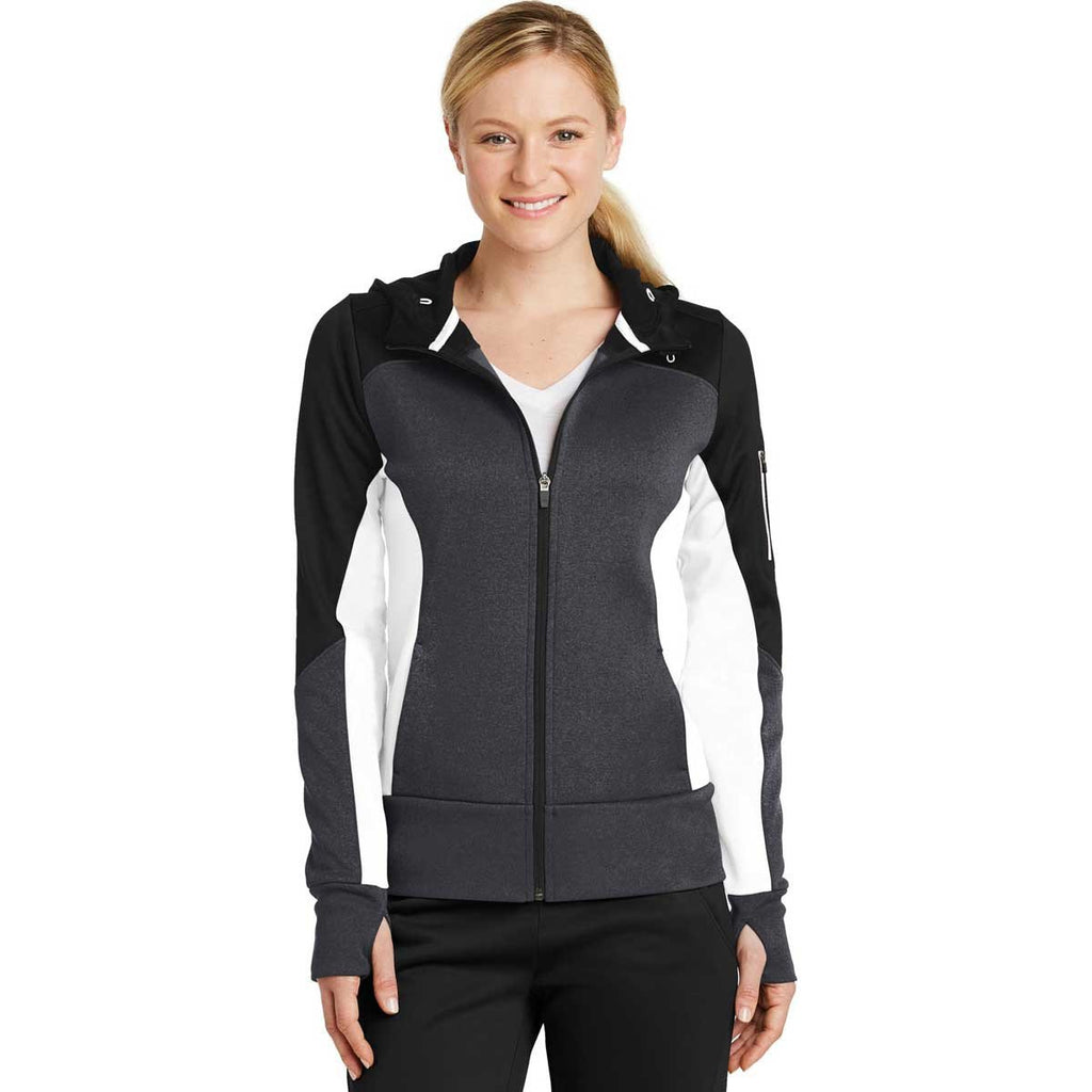 Sport-Tek Women's Black/Graphite Heather/White Tech Fleece Colorblock Full-Zip Hooded Jacket
