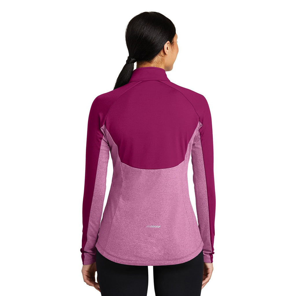 Sport-Tek Women's Pink Rush/Pink Rush Heather Sport-Wick Stretch Contrast 1/2-Zip Pullover