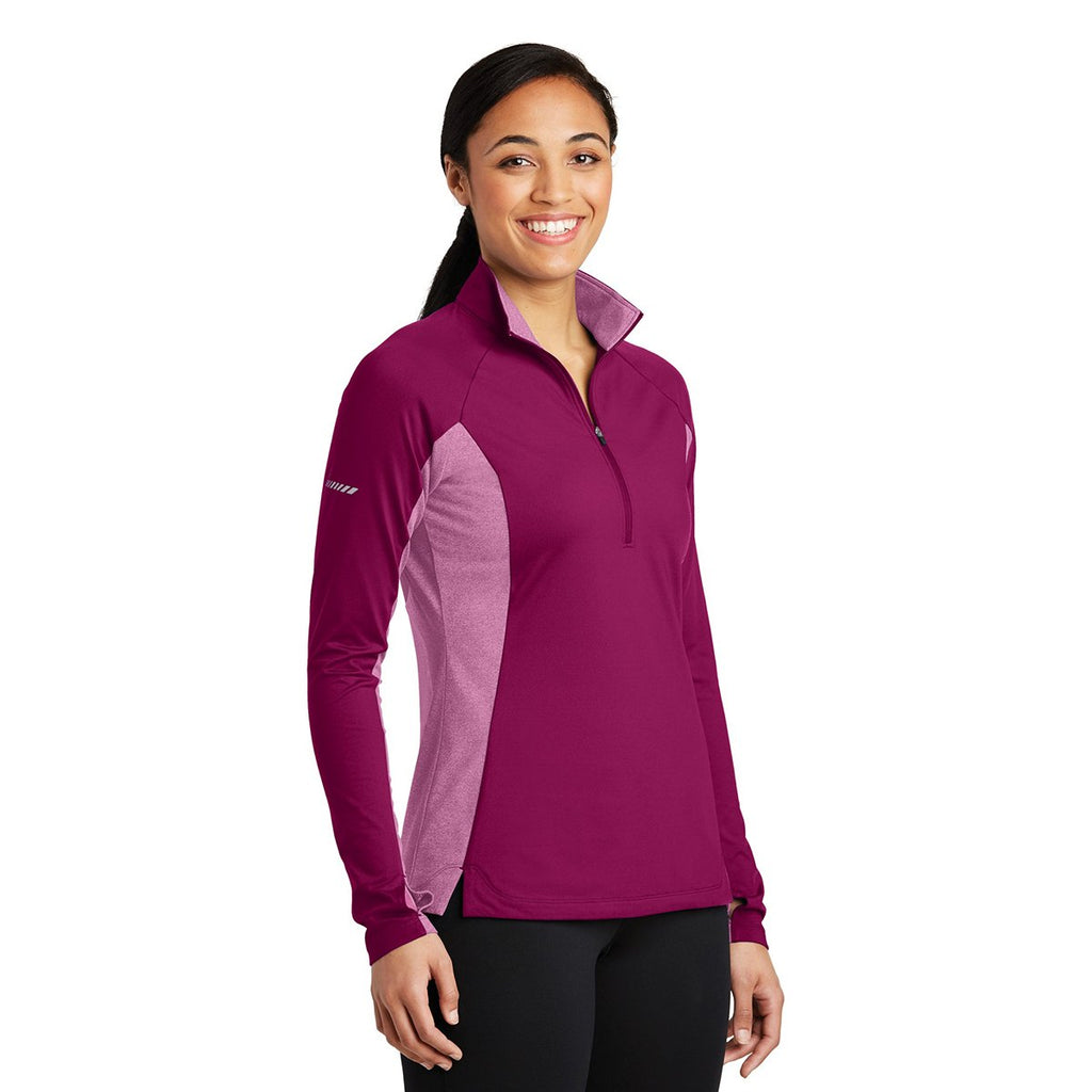 Sport-Tek Women's Pink Rush/Pink Rush Heather Sport-Wick Stretch Contrast 1/2-Zip Pullover