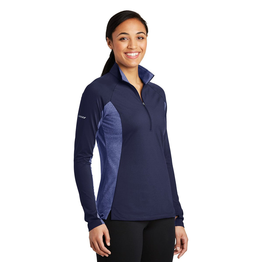 Sport-Tek Women's True Navy/True Navy Heather Sport-Wick Stretch Contrast 1/2-Zip Pullover