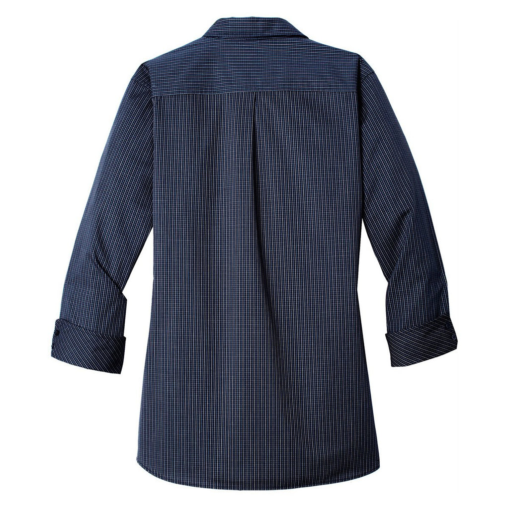 Port Authority Women's Navy/Heritage Blue 3/4-Sleeve Micro Tattersall Easy Care Shirt