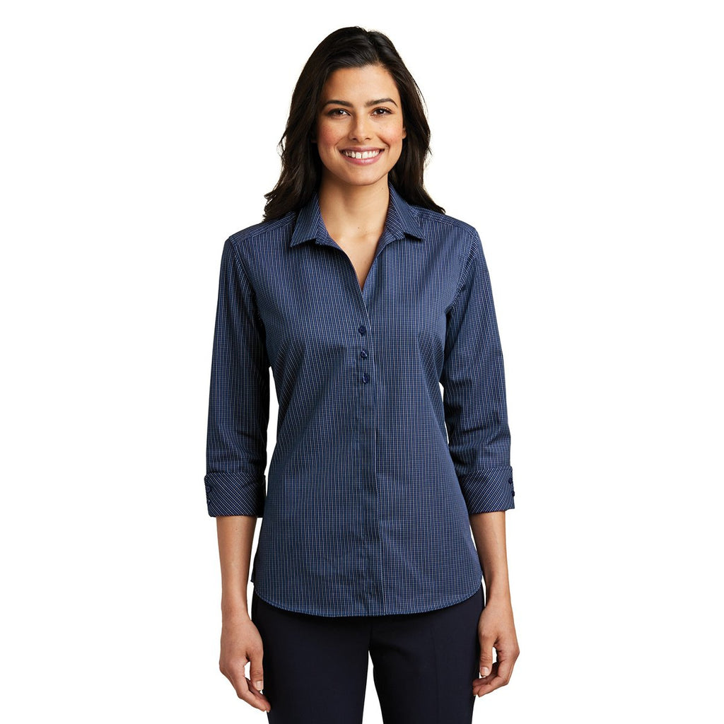 Port Authority Women's Navy/Heritage Blue 3/4-Sleeve Micro Tattersall Easy Care Shirt