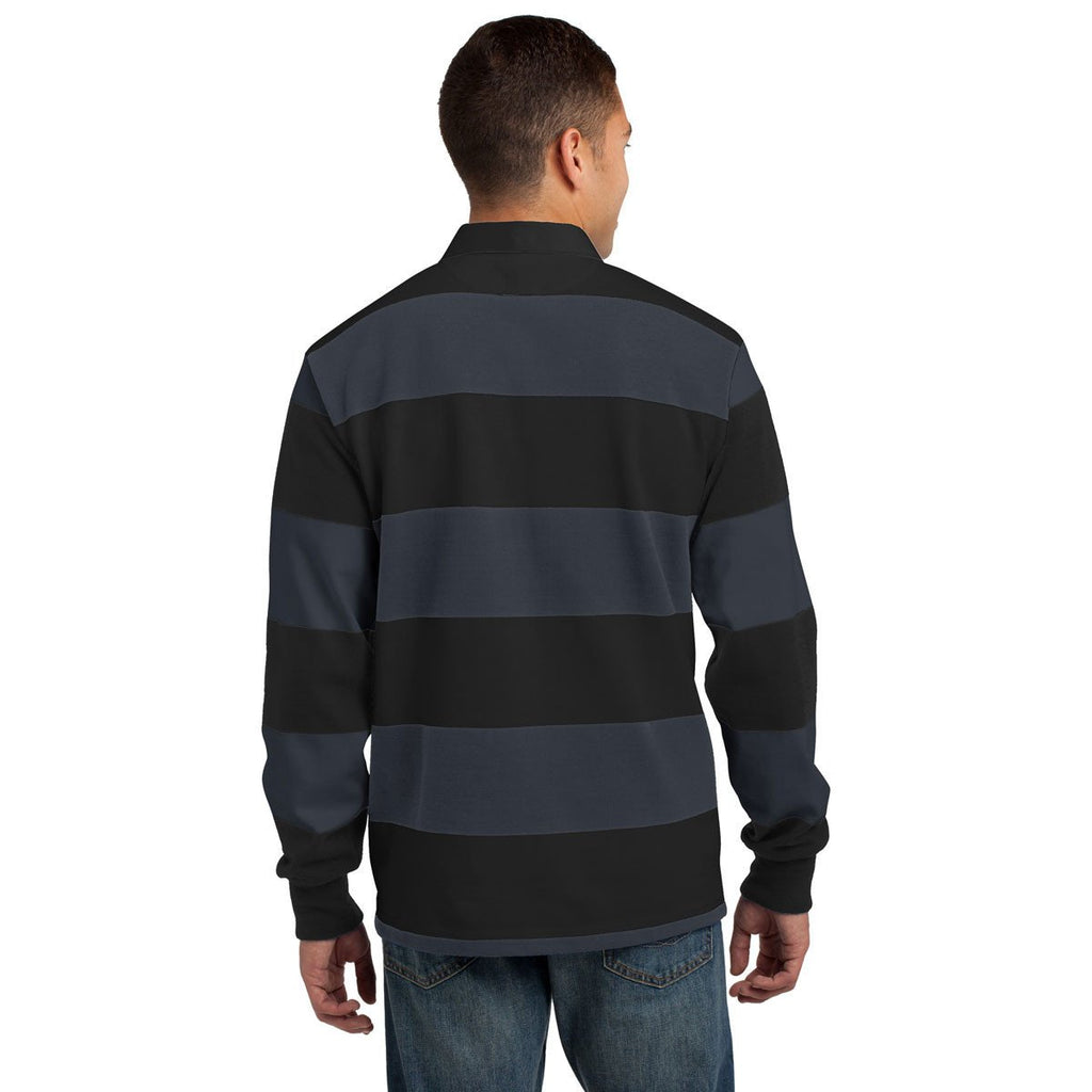 Sport-Tek Men's Black/Graphite Grey Classic Long Sleeve Rugby Polo